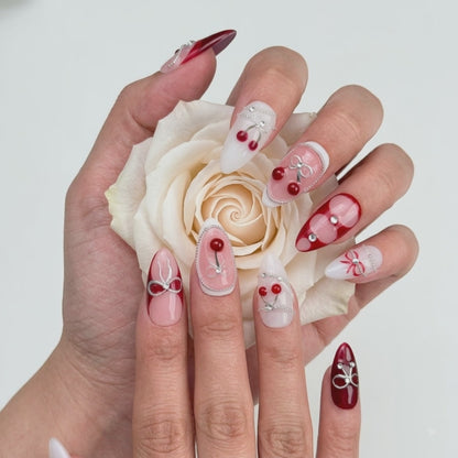 Cherry Bow Press On Nails with 3D Silver Charms