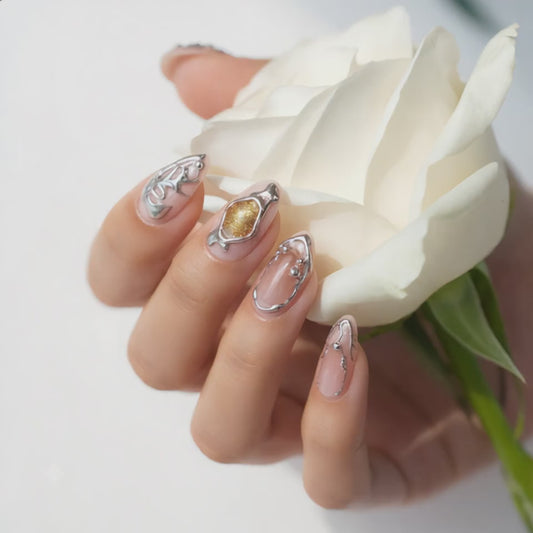 Silver Metallic 3D Press On Nails with Crystal Charms Holding White Rose