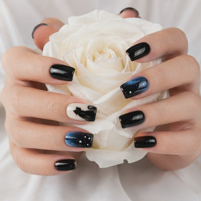 Black Cat Press On Nails with Blue Starry Night Design