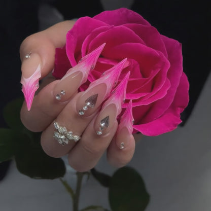 Hot Pink Flame Stiletto Press-On Nails – Silver Heart Rhinestone Design