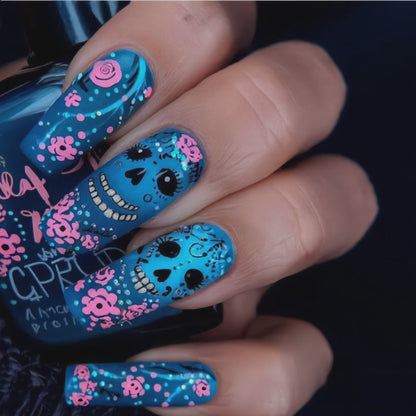 Blue Sugar Skull Press-On Nails – Pink Floral Gothic Coffin Nails