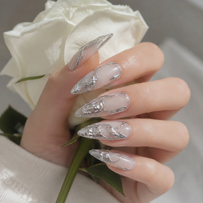 Luxury Silver Chrome Press On Nails with 3D Rhinestone Design