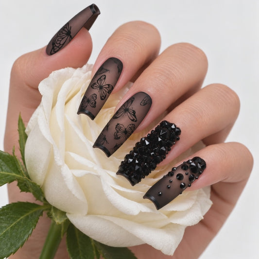 Luxury black butterfly press-on nails with sparkling black rhinestones and elegant matte finish