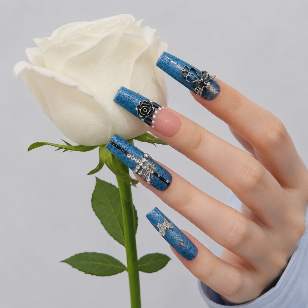 Blue Denim Press On Nails with Silver Charms and White Rose