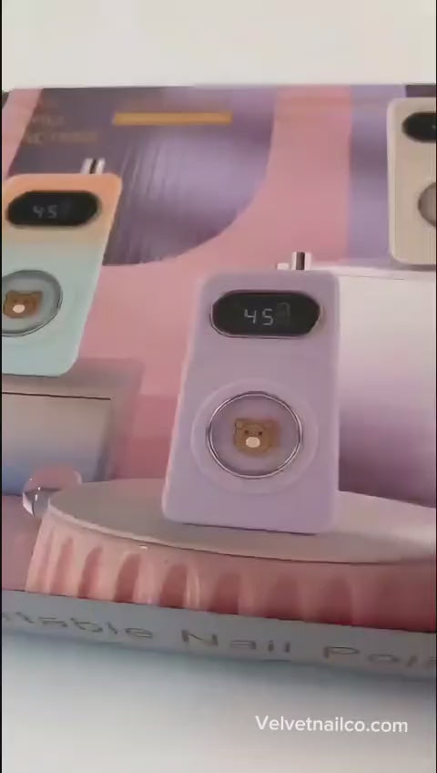 Video demonstration of Velvet Nail professional portable nail drill machine operating smoothly with zero vibration and low noise inside a luxury beauty salon.
