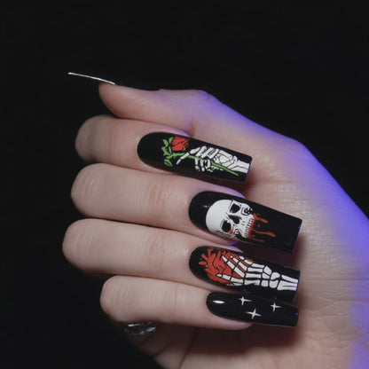 Gothic Skull & Skeleton Halloween Press-On Nails – Black & Red Coffin Nails