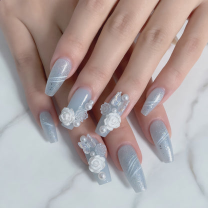 Blue Ice Floral Pearl Press On Nails
