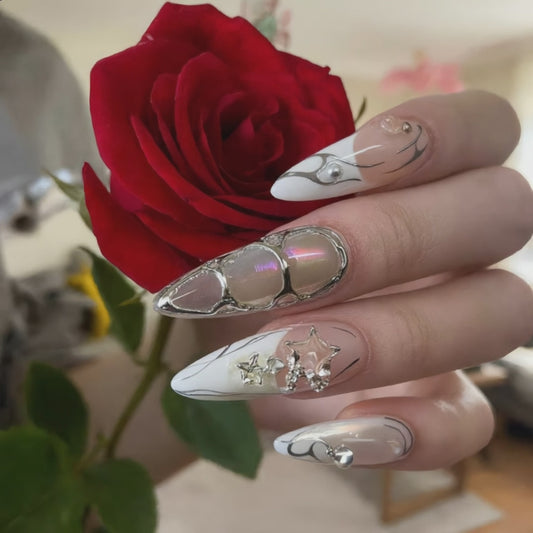 Luxury Silver Chrome Stiletto Press-On Nails – 3D Pearl & Rhinestone Design