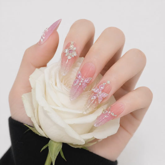 Luxury Pink Butterfly Press On Nails with Crystal Flowers and Glitter