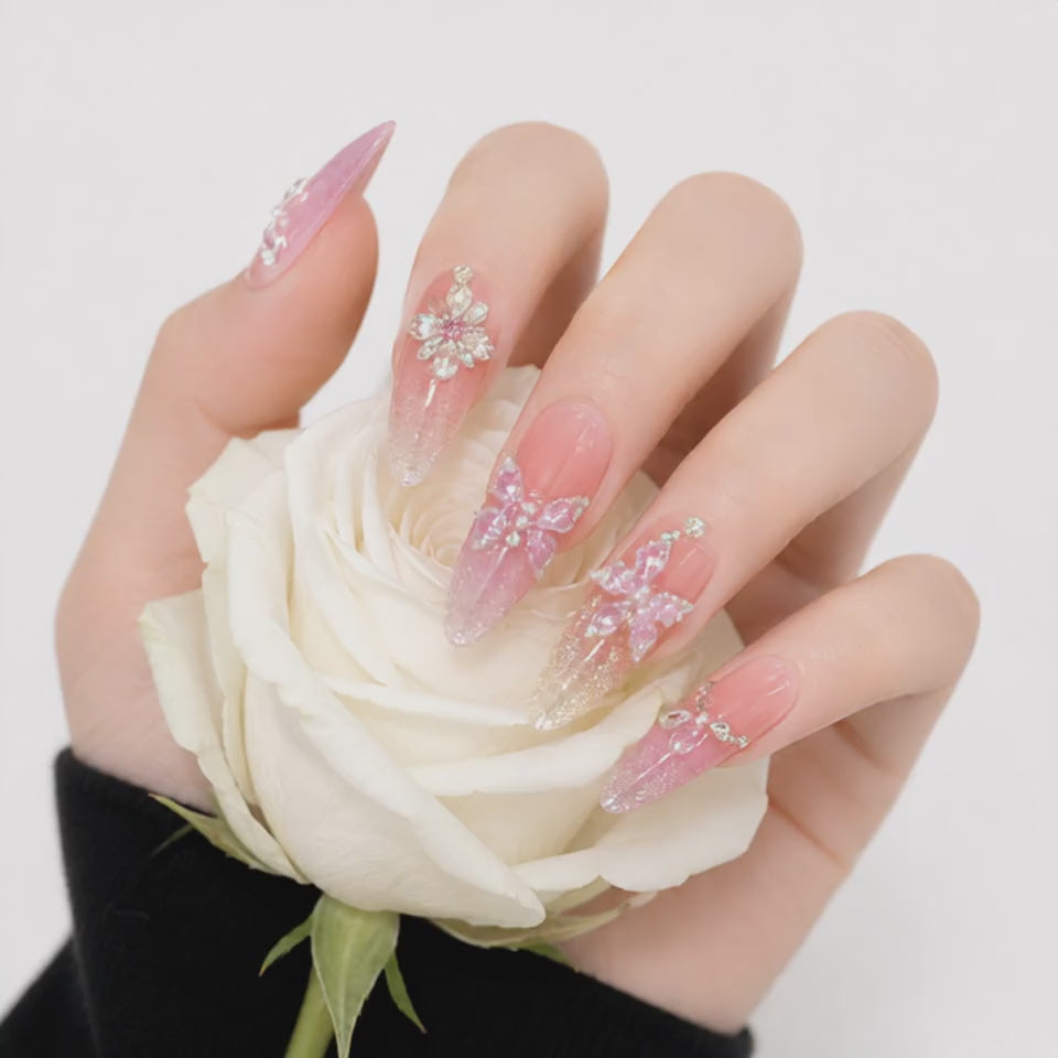 Luxury Pink Butterfly Press On Nails with Crystal Flowers and Glitter