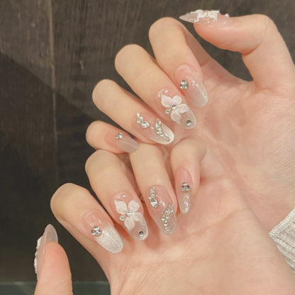 Pink Floral Press On Nails with 3D Flowers and Rhinestones