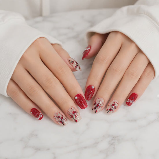 Red Cherry Blossom Press On Nails – Luxury Hand Model