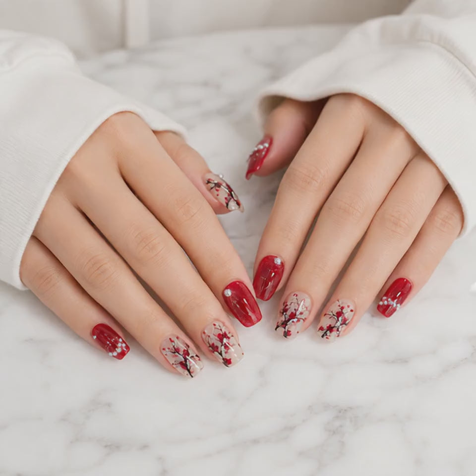 Red Cherry Blossom Press On Nails – Luxury Hand Model