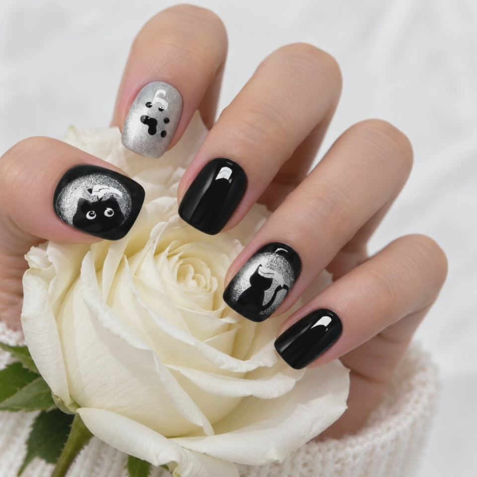 Black and silver cat press-on nails with glitter paw print designs
