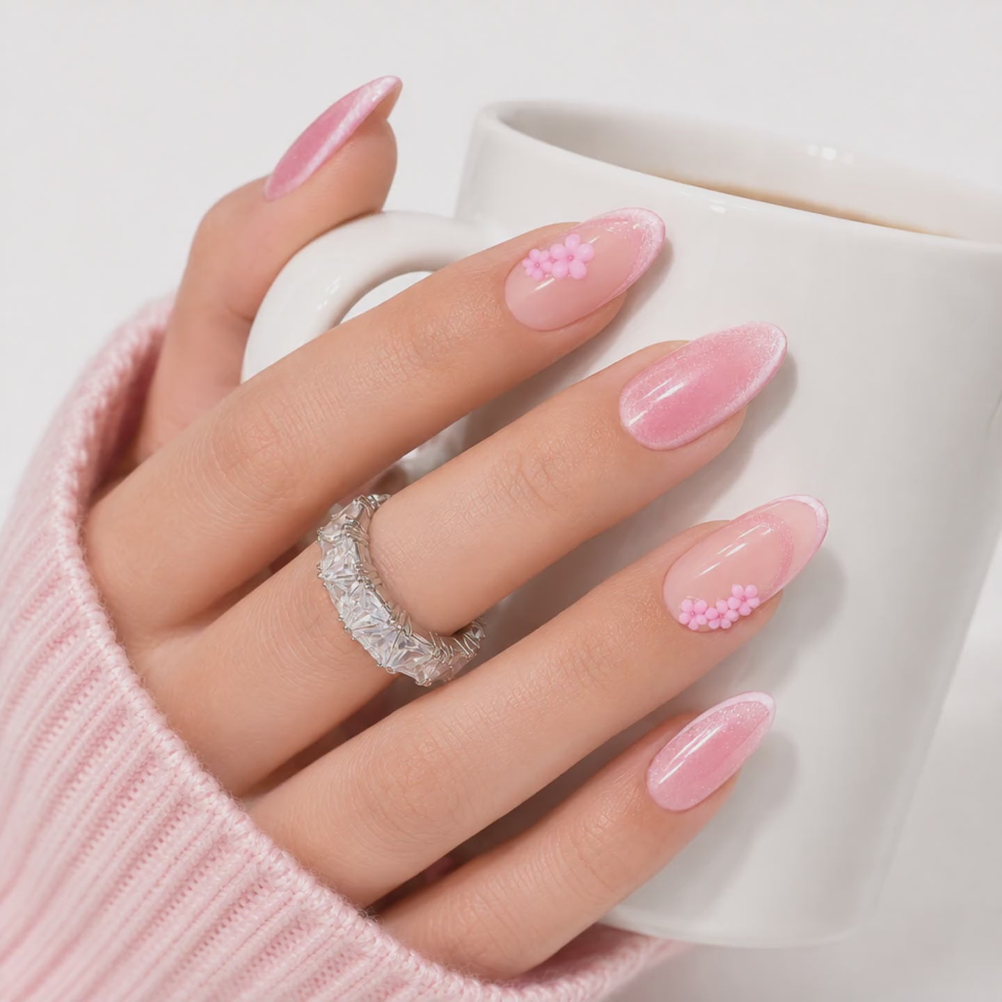 Pink Shimmer Press On Nail Set – Almond Fake Nails with Floral Design