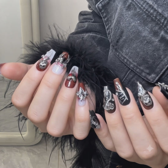 Luxury gothic press on nails with silver 3D charms and black red nail art
