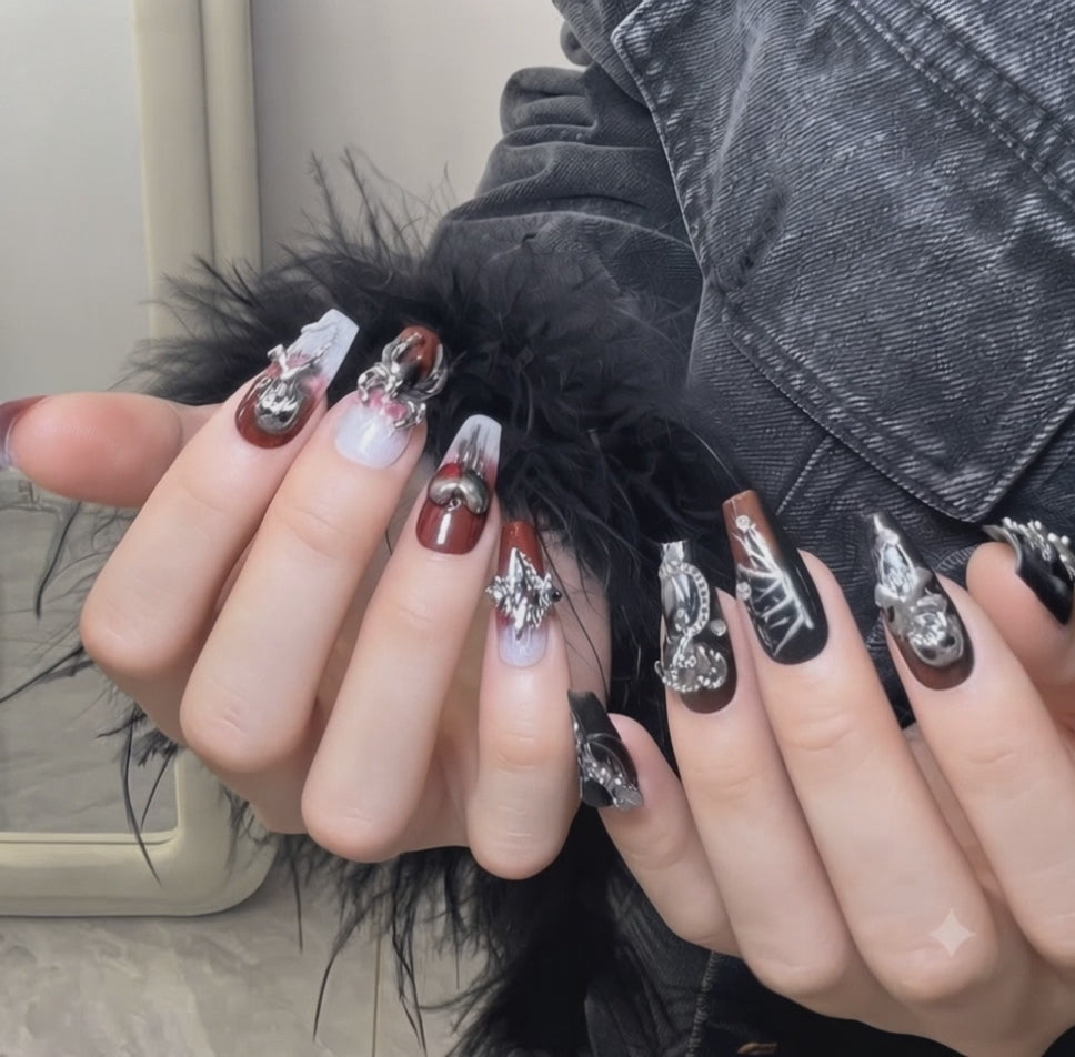 Luxury gothic press on nails with silver 3D charms and black red nail art
