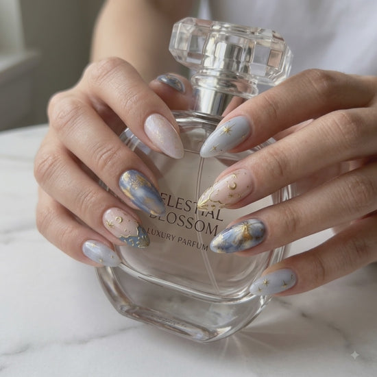 Luxury cat eye celestial press on nails with gold moon and star accents