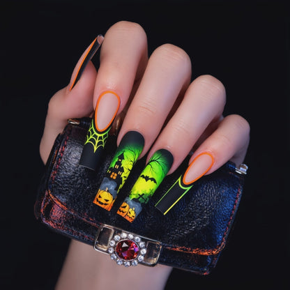 Neon Green Halloween Press-On Nails – Pumpkin, Bat & Haunted House