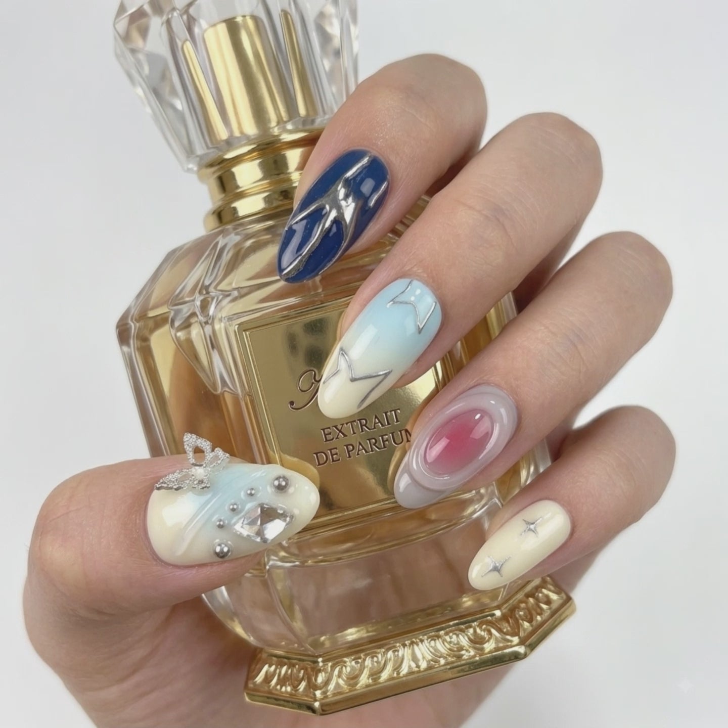 Blue Butterfly Press On Nails with 3D Charms and Rhinestones