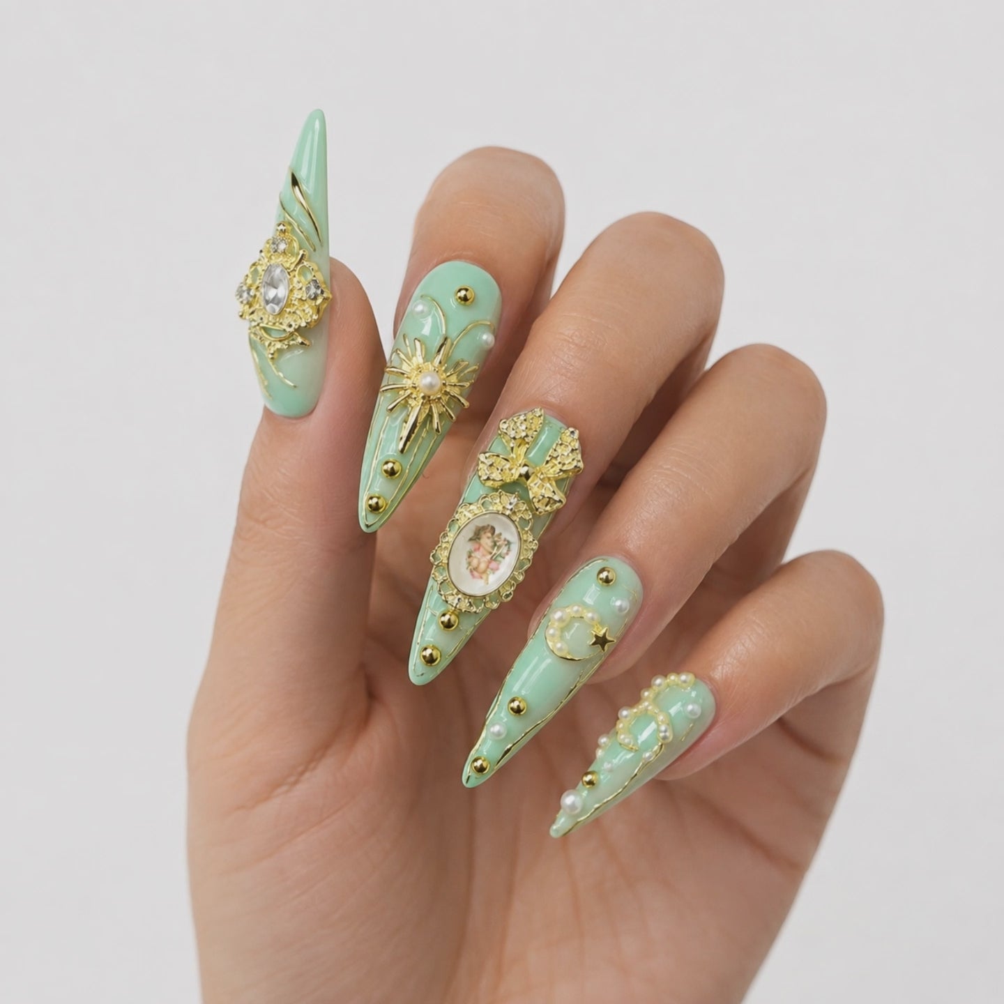 Mint Green Luxury 3D Press On Nails video on female hand