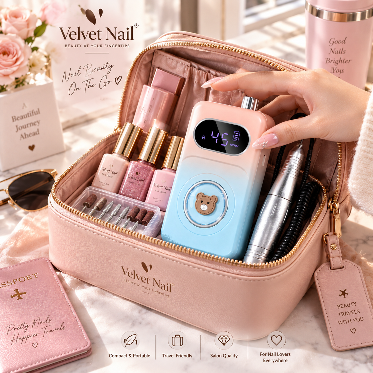 Compact portable nail drill machine and manicure accessories neatly packed inside a pink leather cosmetics travel bag next to a passport, travel-friendly nail beauty on the go.
