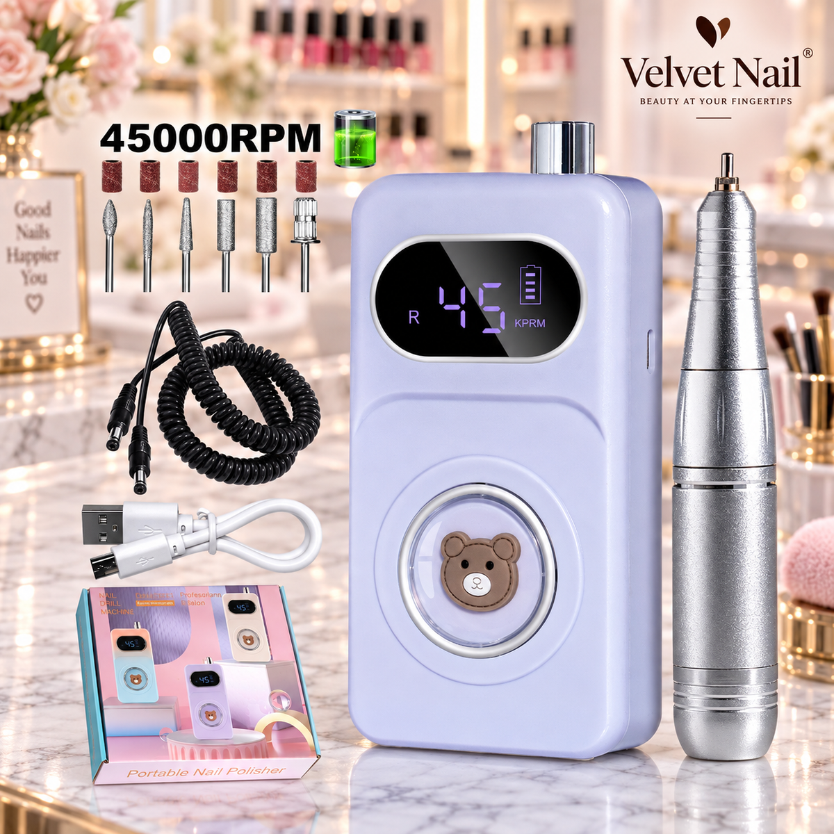 Velvet Nail professional rechargeable electric nail file in pastel purple lilac color, premium salon quality portable nail drill machine with luxury silver pen and accessories.
