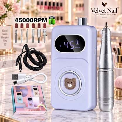 Velvet Nail professional rechargeable electric nail file in pastel purple lilac color, premium salon quality portable nail drill machine with luxury silver pen and accessories.

