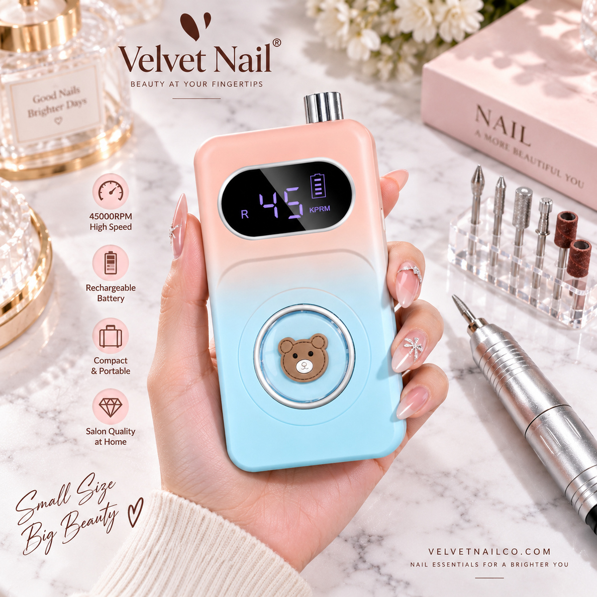 Velvet Nail small lightweight smartphone-sized portable nail drill machine held comfortably in a single hand, demonstrating compact size and travel-friendly features.
